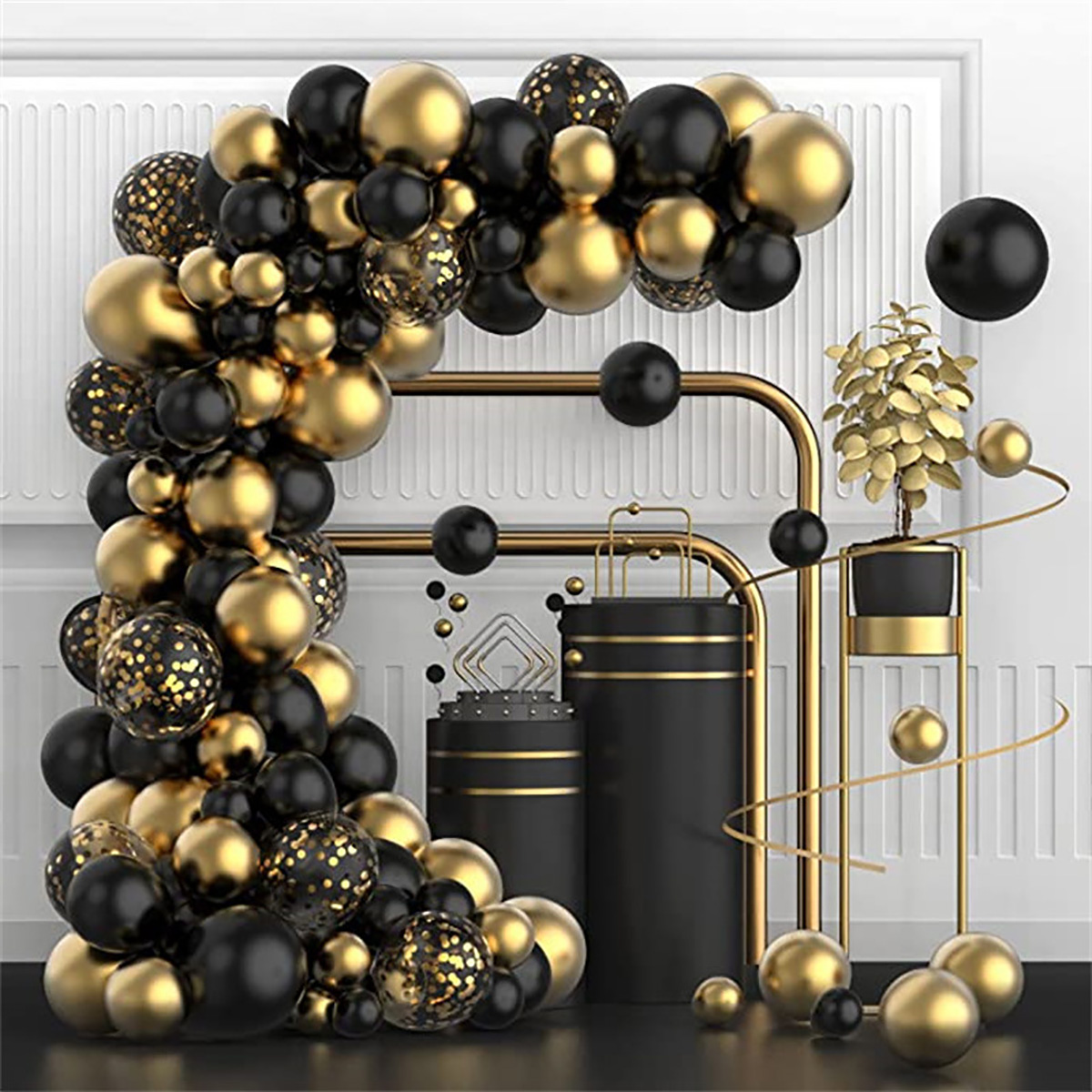 Wedding Day Supply Kit - 102Pcs Black Metallic Gold Confetti Latex
