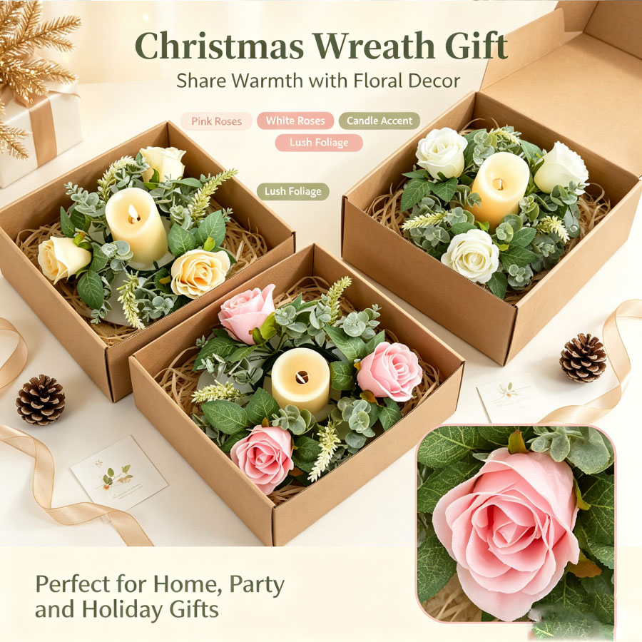 Artificial Rose Wreath Shaped  - Unity Candle Set 评论和价格